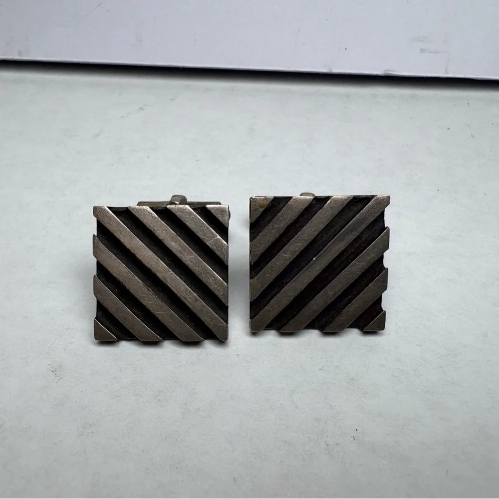 925 Sterling Silver Vintage RBZ Mexico Striped Square Cufflinks